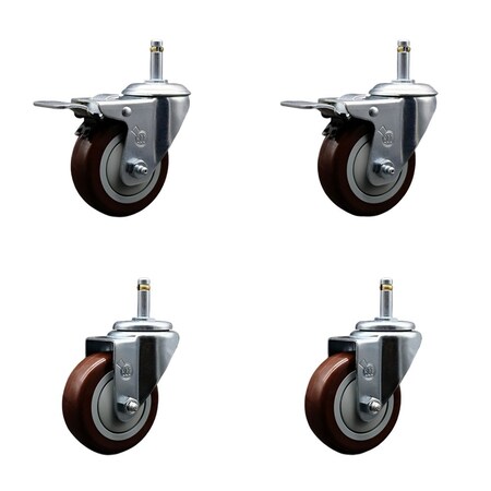 Service Caster 3.5'' Maroon Poly Wheel Swivel 7/16'' Stem Caster Set 2 Total Lock Brake, 4PK SCC-GRTTL20S3514-PPUB-MRN-716138-2S2
